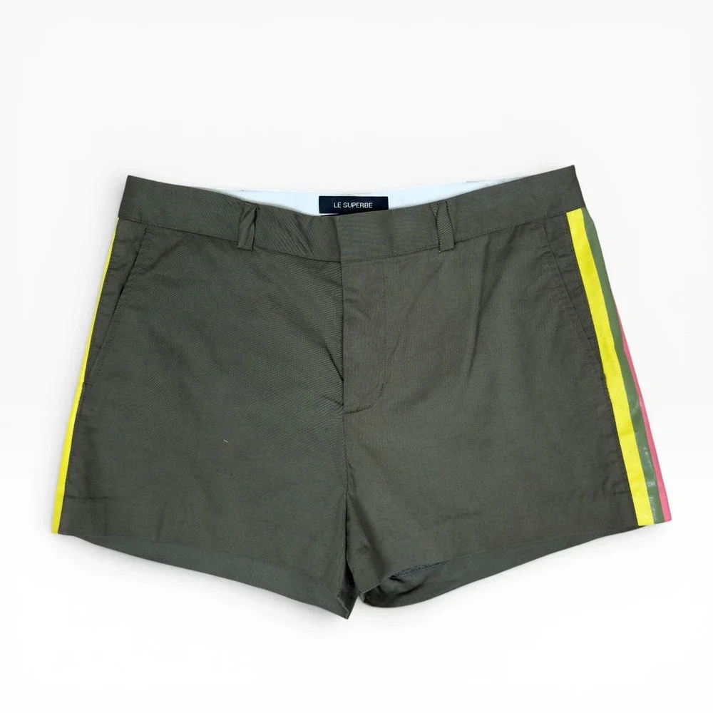 Le Superbe Racing Stripe Shorts Women 6 Olive Green Multi Color Side Tape Cotton